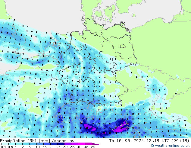 Totale neerslag (6h) Arpege-eu do 16.05.2024 18 UTC