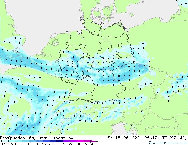 Totale neerslag (6h) Arpege-eu za 18.05.2024 12 UTC