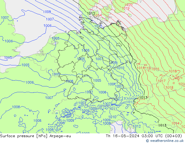 Atmosférický tlak Arpege-eu Čt 16.05.2024 03 UTC