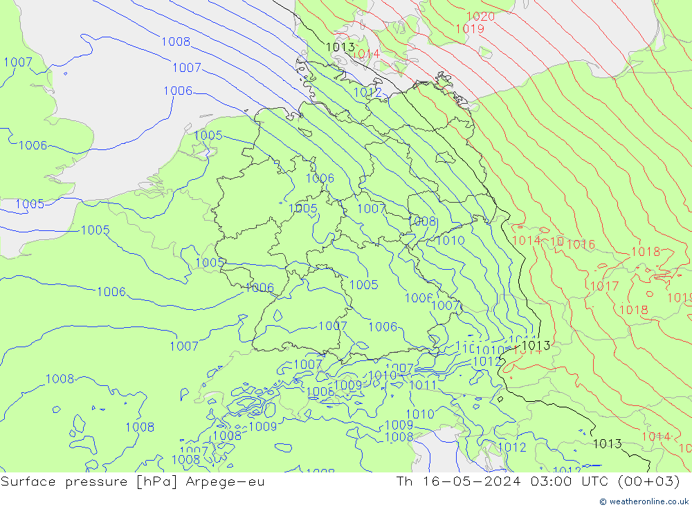 地面气压 Arpege-eu 星期四 16.05.2024 03 UTC