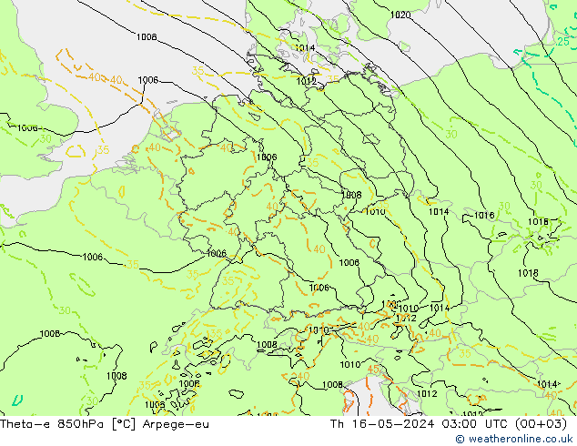 Theta-e 850hPa Arpege-eu 星期四 16.05.2024 03 UTC