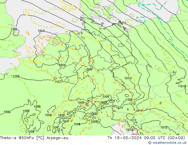 Theta-e 850hPa Arpege-eu  16.05.2024 09 UTC