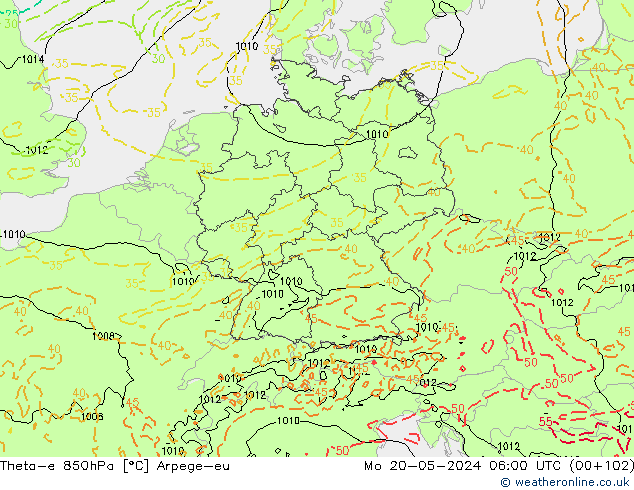 Theta-e 850hPa Arpege-eu lun 20.05.2024 06 UTC