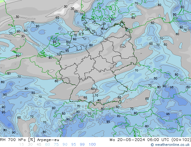 Humedad rel. 700hPa Arpege-eu lun 20.05.2024 06 UTC
