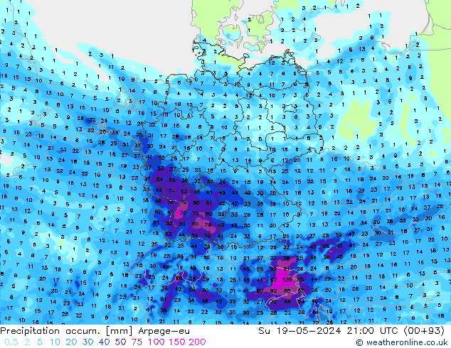 Totale neerslag Arpege-eu zo 19.05.2024 21 UTC