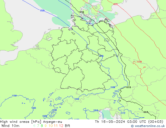 High wind areas Arpege-eu 星期四 16.05.2024 03 UTC