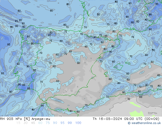 Humidité rel. 925 hPa Arpege-eu jeu 16.05.2024 09 UTC
