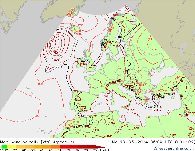 Max. wind velocity Arpege-eu Seg 20.05.2024 06 UTC