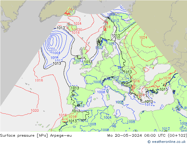 Pressione al suolo Arpege-eu lun 20.05.2024 06 UTC