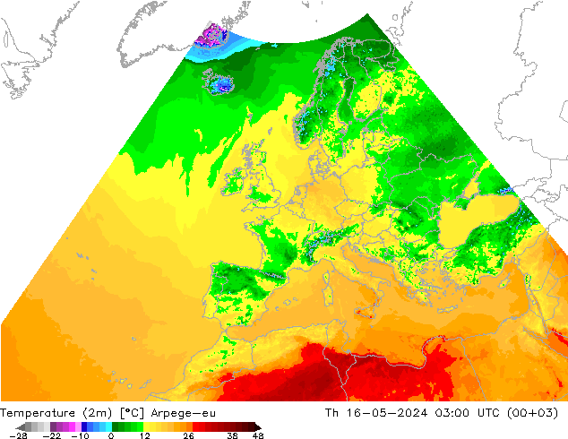 Temperatura (2m) Arpege-eu jue 16.05.2024 03 UTC