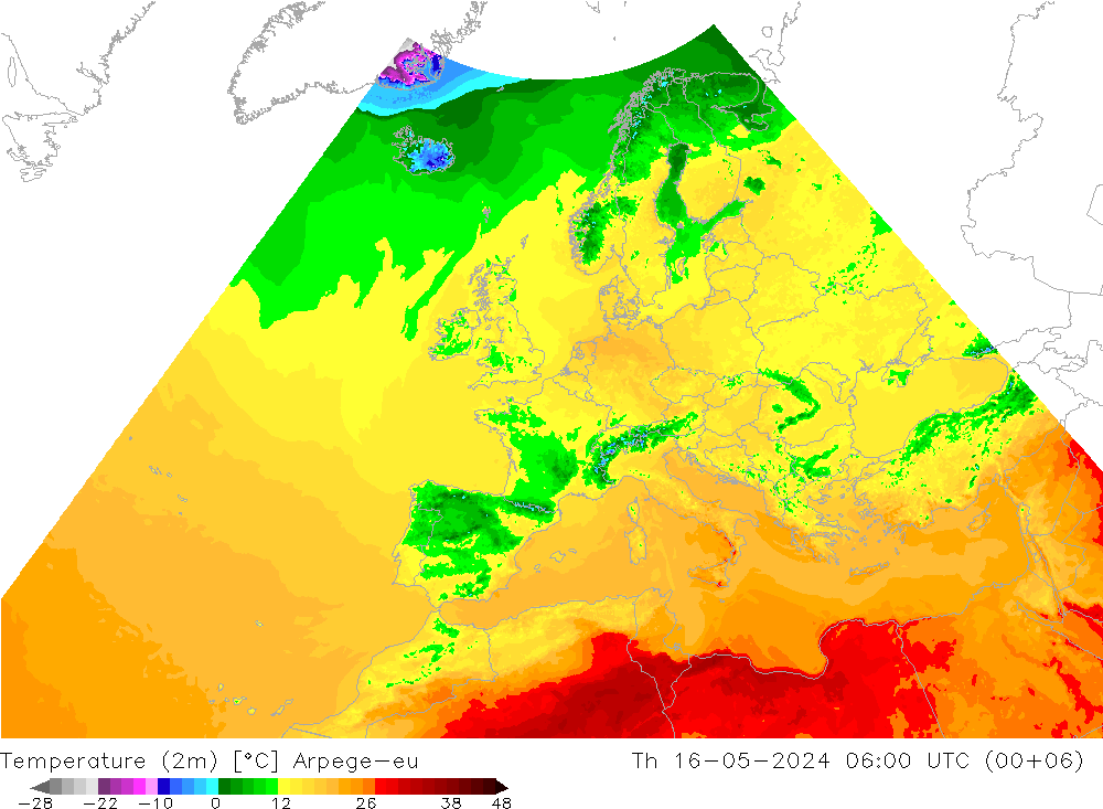 Temperature (2m) Arpege-eu Čt 16.05.2024 06 UTC