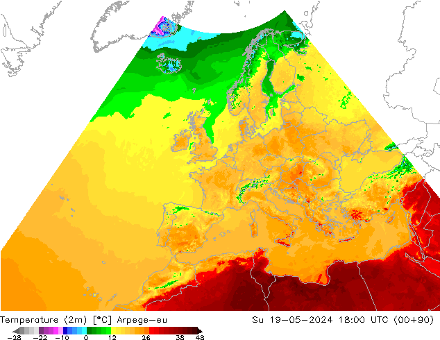 Temperature (2m) Arpege-eu Su 19.05.2024 18 UTC