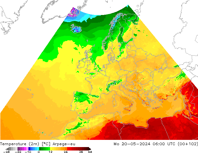 Temperatuurkaart (2m) Arpege-eu ma 20.05.2024 06 UTC