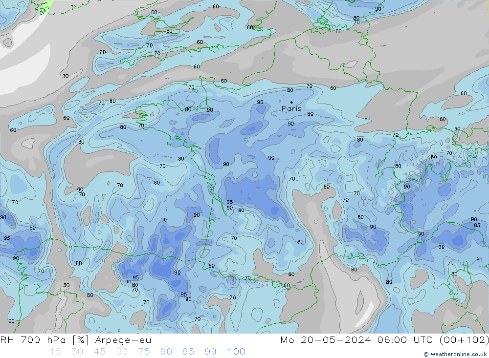 RH 700 hPa Arpege-eu lun 20.05.2024 06 UTC