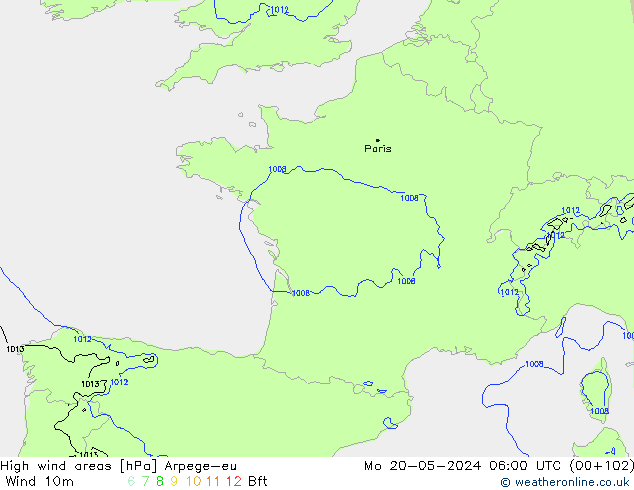 High wind areas Arpege-eu Mo 20.05.2024 06 UTC