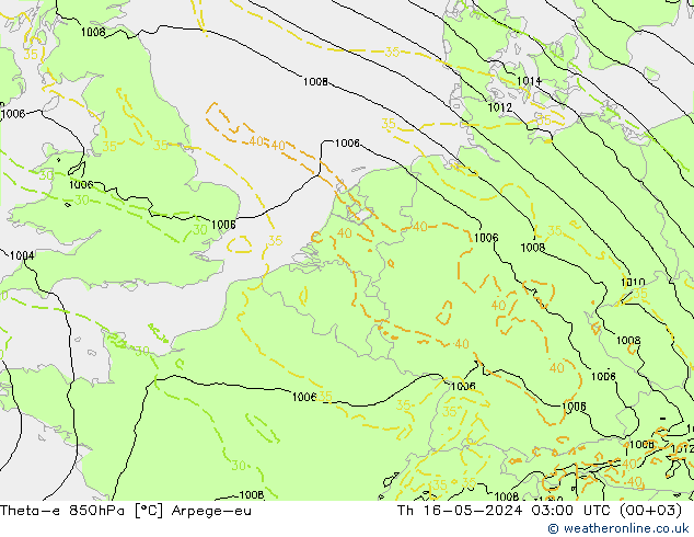 Theta-e 850hPa Arpege-eu jeu 16.05.2024 03 UTC