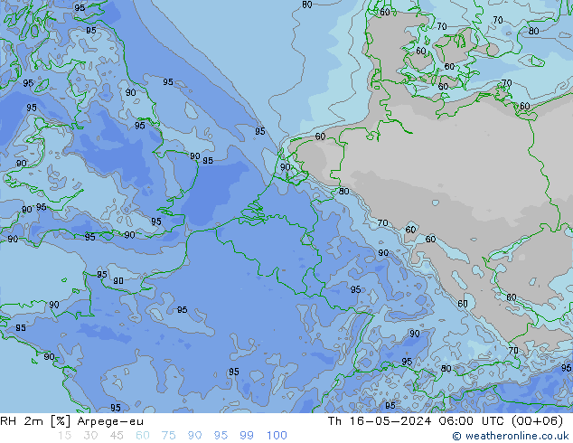 RH 2m Arpege-eu 星期四 16.05.2024 06 UTC
