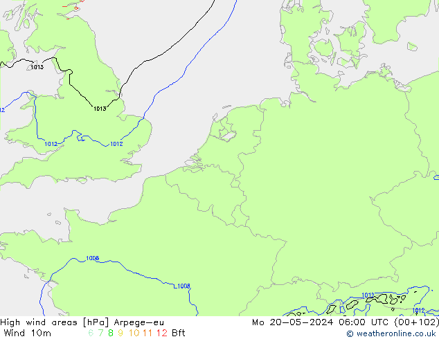 High wind areas Arpege-eu Po 20.05.2024 06 UTC