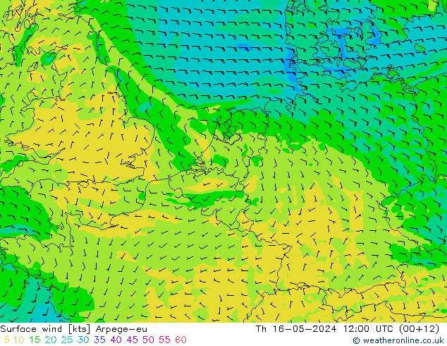 Vento 10 m Arpege-eu gio 16.05.2024 12 UTC