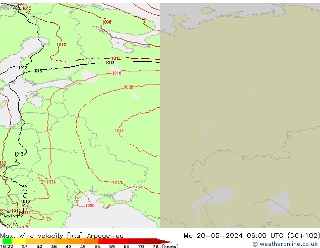 Max. wind velocity Arpege-eu Mo 20.05.2024 06 UTC