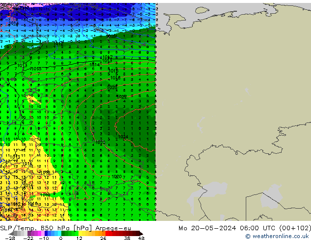 SLP/Temp. 850 hPa Arpege-eu Mo 20.05.2024 06 UTC