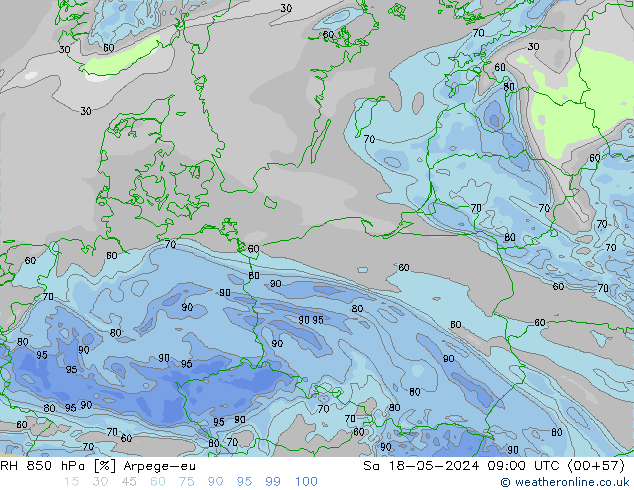RH 850 hPa Arpege-eu Sa 18.05.2024 09 UTC
