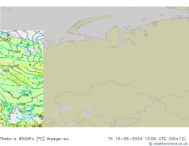 Theta-e 850hPa Arpege-eu Čt 16.05.2024 12 UTC