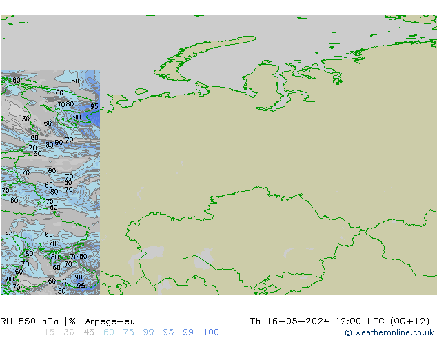 RH 850 hPa Arpege-eu Čt 16.05.2024 12 UTC