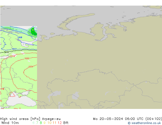 High wind areas Arpege-eu пн 20.05.2024 06 UTC