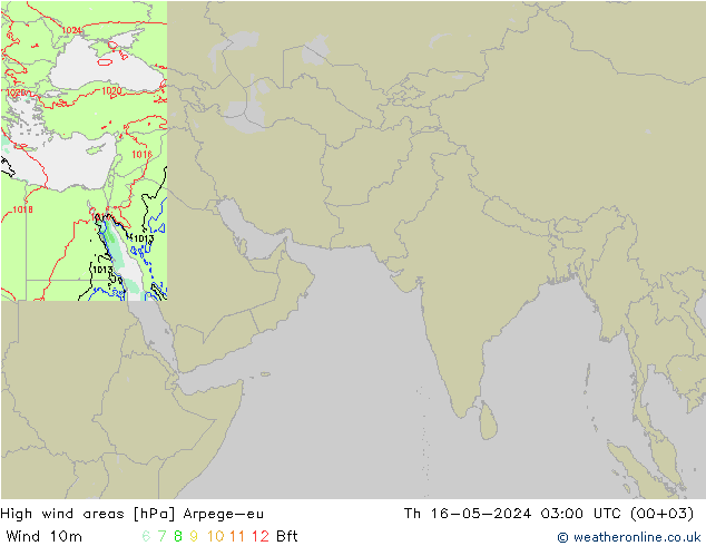 High wind areas Arpege-eu 星期四 16.05.2024 03 UTC
