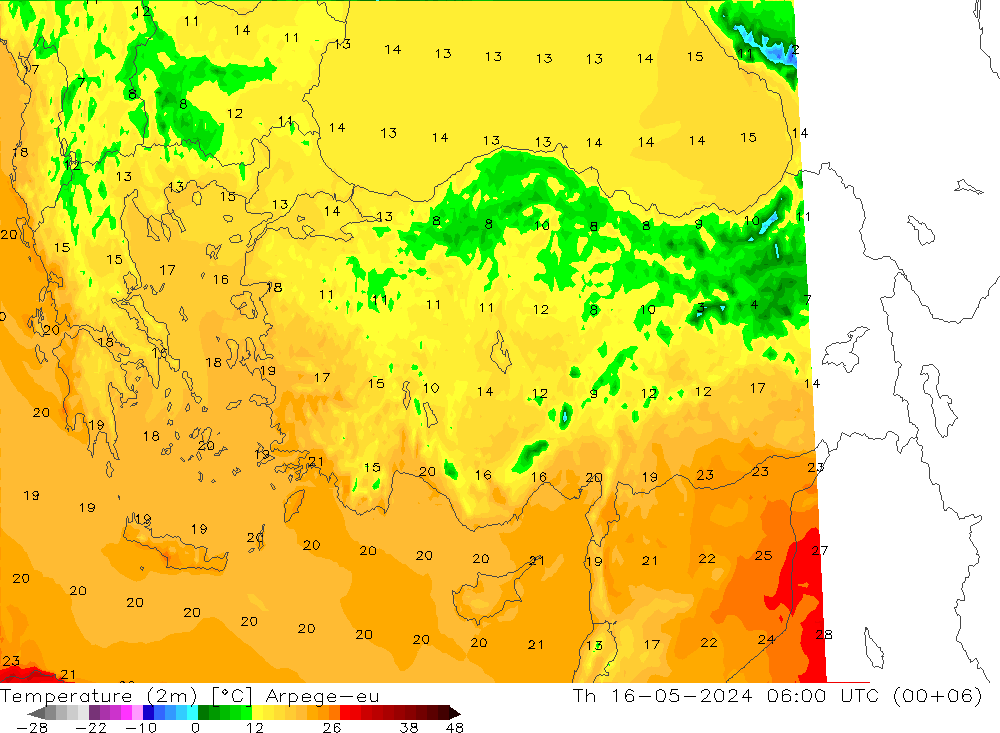 Temperatura (2m) Arpege-eu Qui 16.05.2024 06 UTC