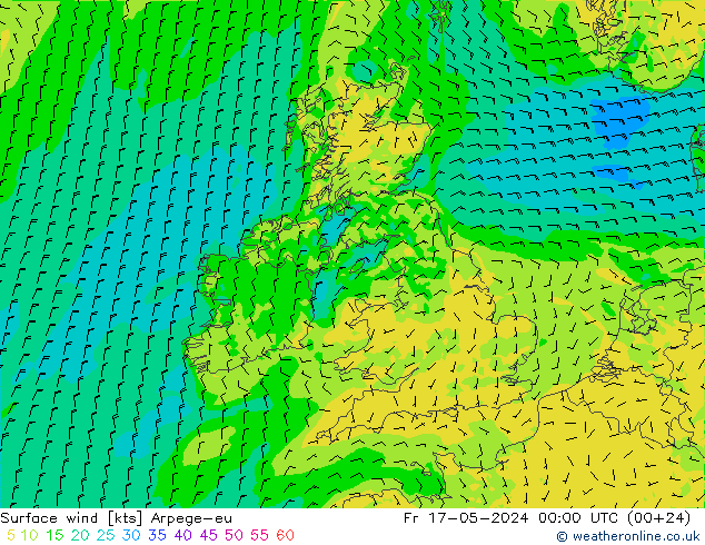 Vento 10 m Arpege-eu Sex 17.05.2024 00 UTC