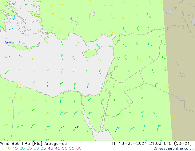 Wind 850 hPa Arpege-eu Th 16.05.2024 21 UTC