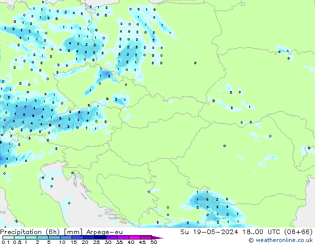 Precipitation (6h) Arpege-eu Su 19.05.2024 00 UTC