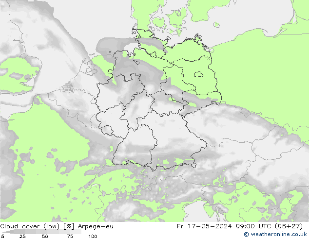 Cloud cover (low) Arpege-eu Fr 17.05.2024 09 UTC