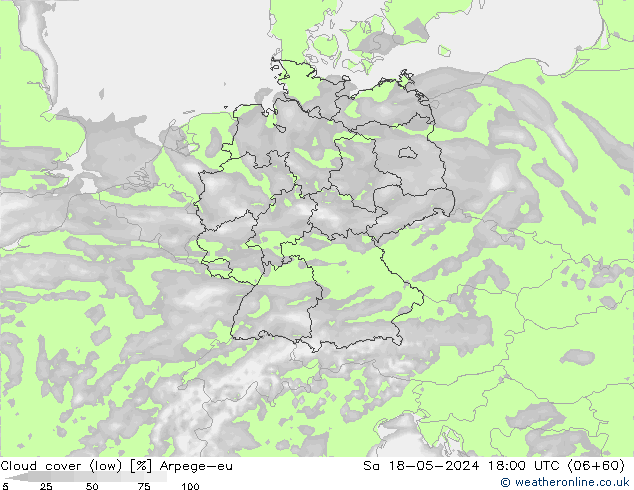Cloud cover (low) Arpege-eu Sa 18.05.2024 18 UTC