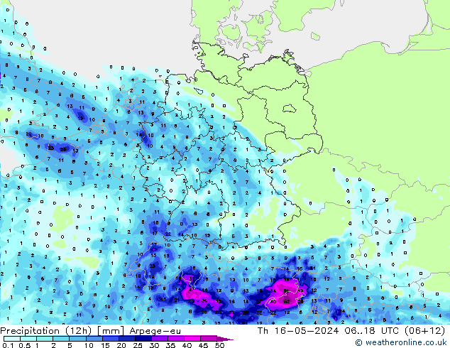 Precipitation (12h) Arpege-eu Th 16.05.2024 18 UTC
