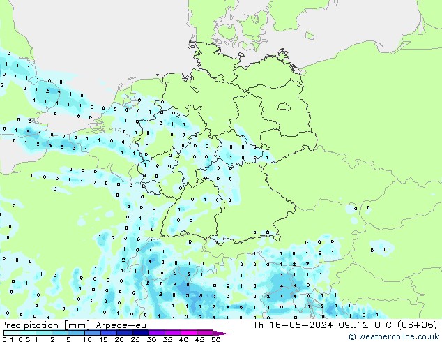 Precipitación Arpege-eu jue 16.05.2024 12 UTC