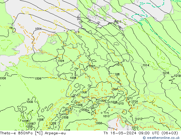 Theta-e 850hPa Arpege-eu 星期四 16.05.2024 09 UTC