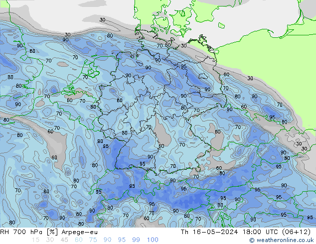 RH 700 hPa Arpege-eu Qui 16.05.2024 18 UTC