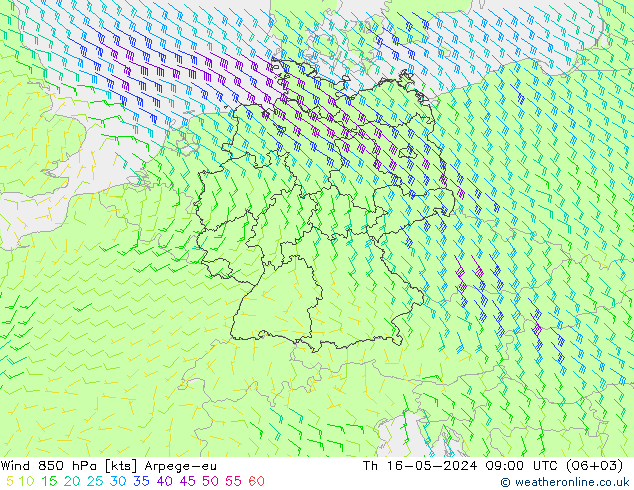 风 850 hPa Arpege-eu 星期四 16.05.2024 09 UTC