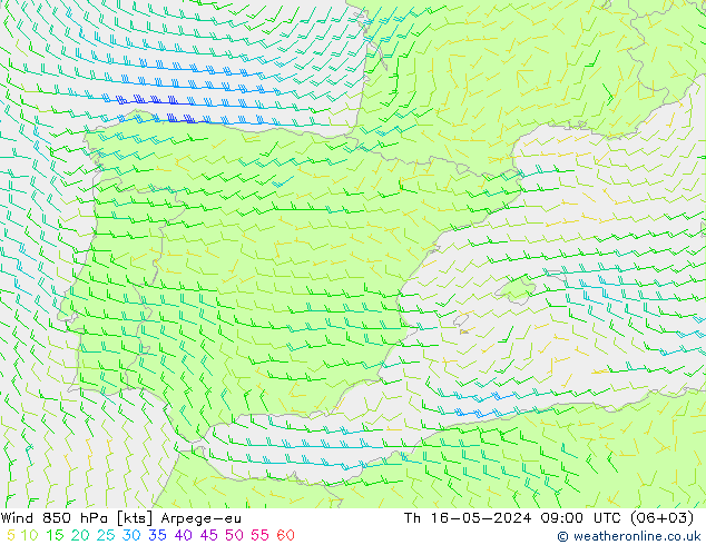 Wind 850 hPa Arpege-eu Čt 16.05.2024 09 UTC
