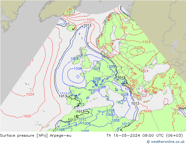 Atmosférický tlak Arpege-eu Čt 16.05.2024 09 UTC