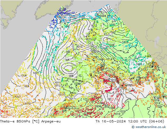 Theta-e 850hPa Arpege-eu  16.05.2024 12 UTC