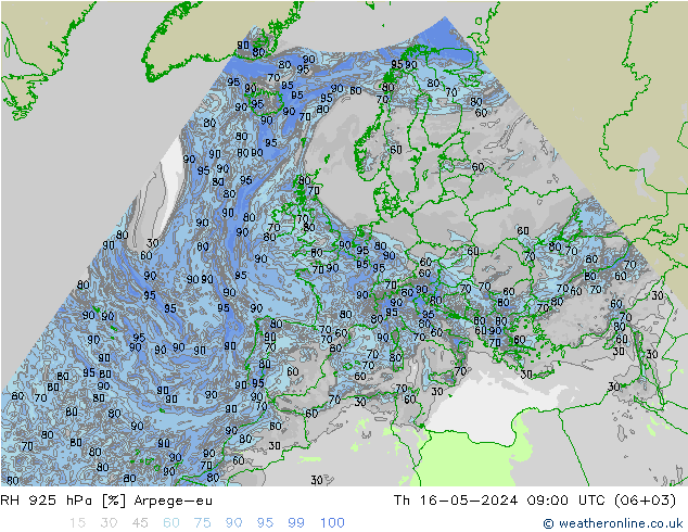 Humedad rel. 925hPa Arpege-eu jue 16.05.2024 09 UTC