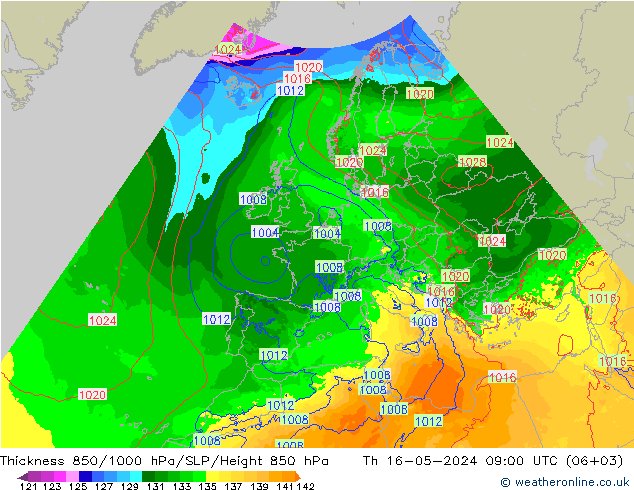 Espesor 850-1000 hPa Arpege-eu jue 16.05.2024 09 UTC