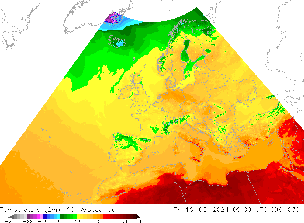 Temperature (2m) Arpege-eu Th 16.05.2024 09 UTC