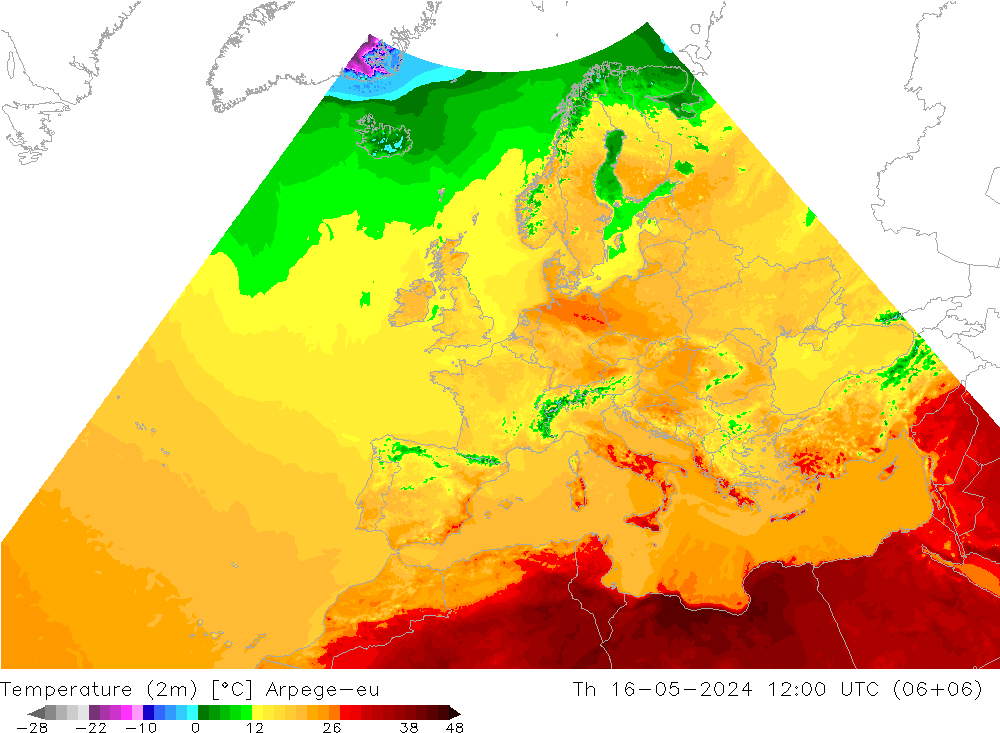 Temperature (2m) Arpege-eu Čt 16.05.2024 12 UTC
