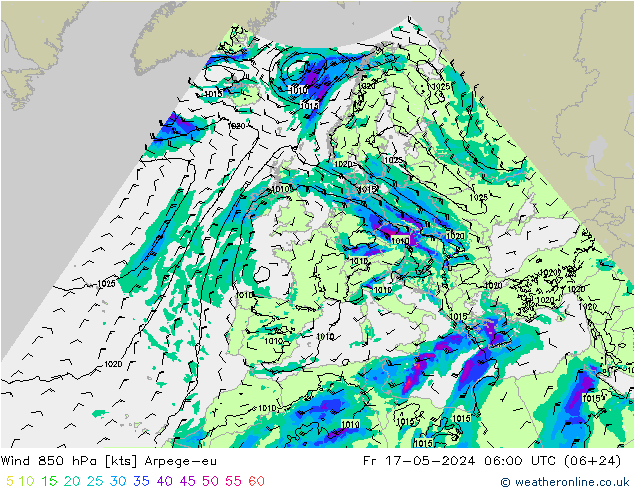 Wind 850 hPa Arpege-eu Fr 17.05.2024 06 UTC