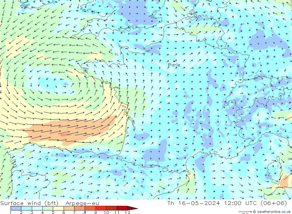 Surface wind (bft) Arpege-eu Th 16.05.2024 12 UTC